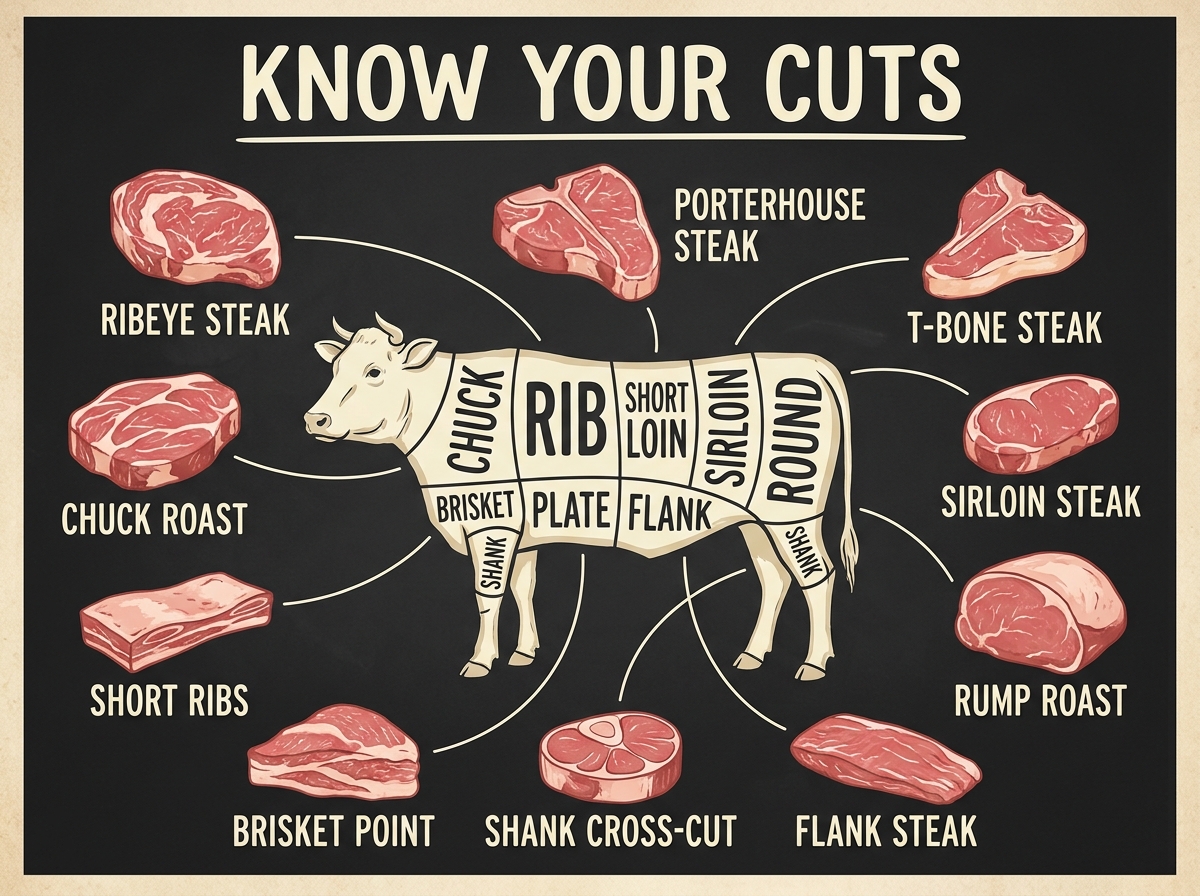 A butcher chart showing the primal cuts of beef and the steaks taken from each