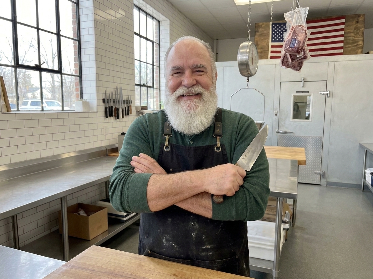 Frank Miller in his shop, knife in hand